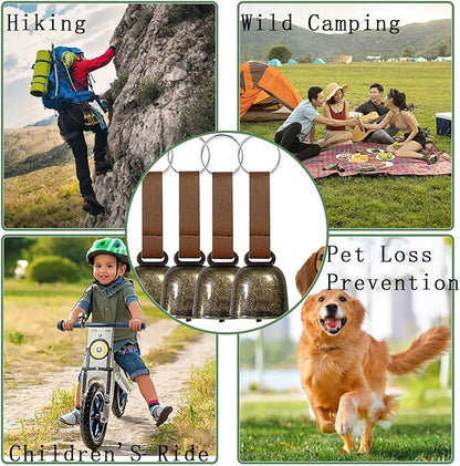 4 PCS Loud Bear Bells with Leather Button Strap Dog Collar Bell Pet Bells Tracker Noise Maker Anti-theft Bell Strap and Pet Anti- Lost Silver Pendant ID Tags for Pet Pendant Accessories Decorative