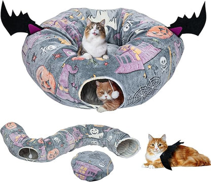Tidjani Halloween Cat Tunnel Bed, Cat Tunnels for Indoor Cats with Bat Wings, Foldable Pet Donut Bed with Middle Mat and Dangling Balls, Pet Play Toy with Ghost, Spider Web Pattern Decorations