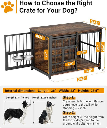 Dog Crate Furniture for Large Breed, Sliding Barn Door Dog Crate with Interactive Window for Anxiety Dogs, 360°Rotatable & Elevated Dogs Bowls, Wooden Dog Kennel Furniture, Dog Cage Furniture Indoor