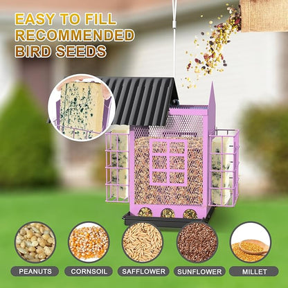 Bird Feeders for Outdoors Hanging, Metal Bird Feeder with Double Suet Cage Cake, Large Capacity, Birdfeeders Sturdy & Weatherproof, Easy to Clean & Refill, Great for Attracting Wild Birds