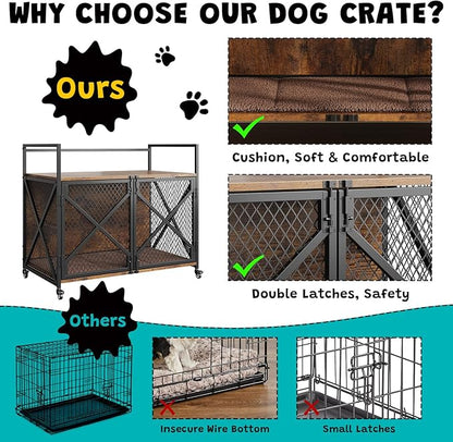 31 Inch Dog Crate Furniture, Heavy Duty Decorative Dog Cage with Lockable 360° Wheels, Double Door Dog Kennel End Table for for Small Medium Large Dog, Rustic Brown