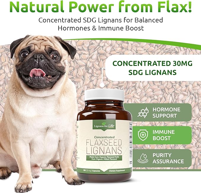 Lignans For Life Flaxseed Lignans for Dogs & People + SDG - Omega 3 Fatty Acids, High Fiber Antioxidants - Improve Shiny Coat, Digestive & Heart Health for Dogs, 15mg, 180 Flaxseed Capsules, 1 Pack