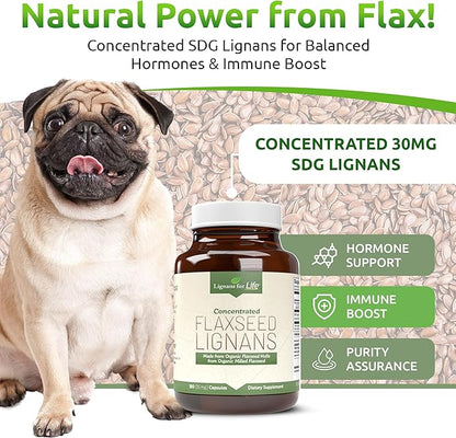 Lignans For Life Flaxseed Lignans for Dogs & People + SDG - Omega 3 Fatty Acids, High Fiber Antioxidants - Improve Shiny Coat, Digestive & Heart Health for Dogs, 15mg, 180 Flaxseed Capsules, 1 Pack
