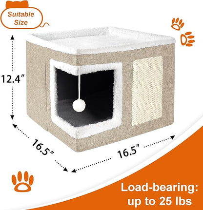 Cat Houses for Indoor Cats - Large Cat Bed Cave with Scratch Pad and Fluffy Ball, Foldable Cat Condo Hideaway with Reversible Cushion for Multi Small Pet, Khaki