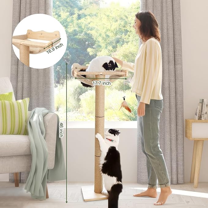 Cat Window Perch with Scratching Post, 46" Adjustable Tall Scratching Posts & Suction Cup – Multi-Level Perch for Climbing, Bird Watching, and Play, Supports 45 lbs (Drilling-Free)
