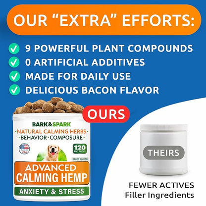 BARK&SPARK Advanced Calming Chews for Dogs - Anxiety Relief Treats - Melatonin + Hemp Oil - Separation Aid - Stress Relief During Fireworks, Storms, Thunder - Aggressive Behavior - BBQ (120ct)