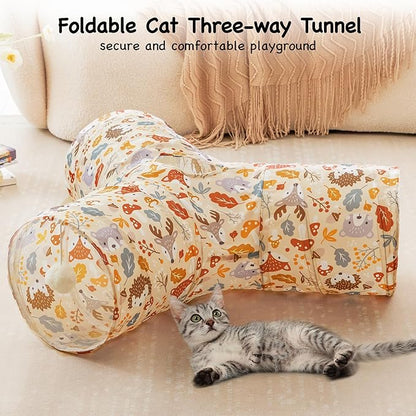Tempcore Pet Cat Tunnel Tube Cat Toys 3 Way Collapsible, Cat Tunnels for Indoor Cats，Kitty Tunnel Bored Pet Toys Peek Hole Toy Ball Puppy, Kitty, Kitten, Rabbit Beige Deer