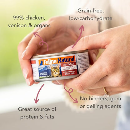 Feline Natural Wet Cat Food Pate, Chicken & Venison Feast, 3 Oz Cans (Pack of 24), Grain Free, Made in New Zealand with Cage-Free Chicken and Grass-Fed Venison