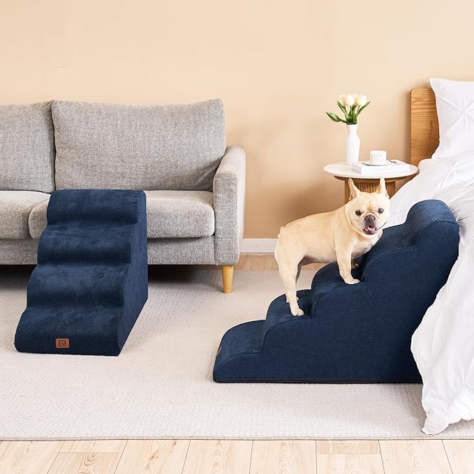 EHEYCIGA Curved Dog Stairs Ramp for High Beds 22.6" H, 5-Step Dog Steps for Small Dogs and Cats, Pet Stairs for High Bed Climbing, Non-Slip Balanced Pet Step Indoor, Navy
