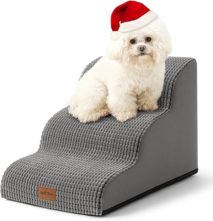 Dog Stairs for Small Dogs, Curved Pet Step with Leakproof Cover, High Density Foam Cat Ramp for Bed or Sofa, Lightweight, Durable, Comfort, 15.7x22.4x15.7 inch, 3 Tiers, Light Grey