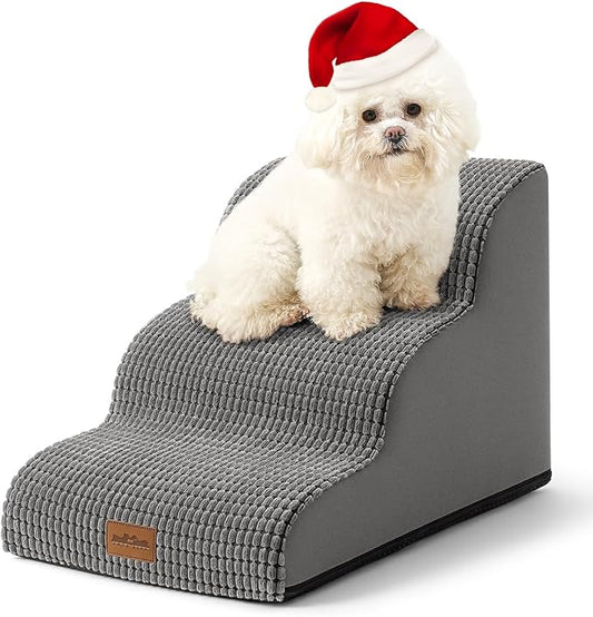 Dog Stairs for Small Dogs, Curved Pet Step with Leakproof Cover, High Density Foam Cat Ramp for Bed or Sofa, Lightweight, Durable, Comfort, 15.7x22.4x15.7 inch, 3 Tiers, Light Grey