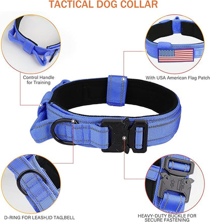 KCUCOP Tactical Dog Collar, Heavy Duty Dog Collar with Handle and Metal Buckle, Military Thick Dog Collars for Medium and Large Dogs(DarkBlue-L-Reflective, 1 Patch)
