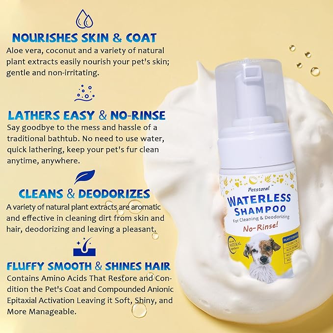 Waterless Dog Shampoo No Rinse Puppy Dry Hypoallergenic Shampoo and Conditioner - Soothing and Deodorizing Quickly Cleans Smelly Dogs and Cats (3.38 fl oz/100ml)