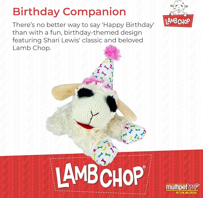 Multipet Lamb Chop Dog Plush Toy w/Birthday Hat - Squeaky Dog Toy for All Dogs - Soft Plush Dog Toy - Stuffed Animal Dog Toy for Playing - Cute Dog Birthday Toy (10.5, Pink Hat, 5 Squeakers)