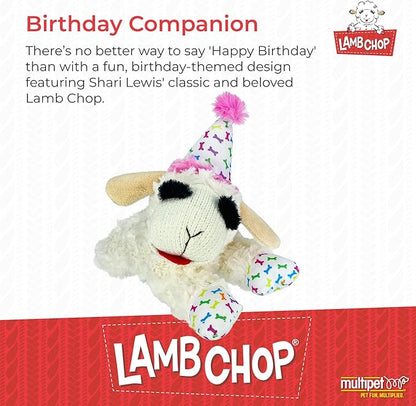 Multipet Lamb Chop Dog Plush Toy w/Birthday Hat - Squeaky Dog Toy for All Dogs - Soft Plush Dog Toy - Stuffed Animal Dog Toy for Playing - Cute Dog Birthday Toy (10.5, Pink Hat, 5 Squeakers)