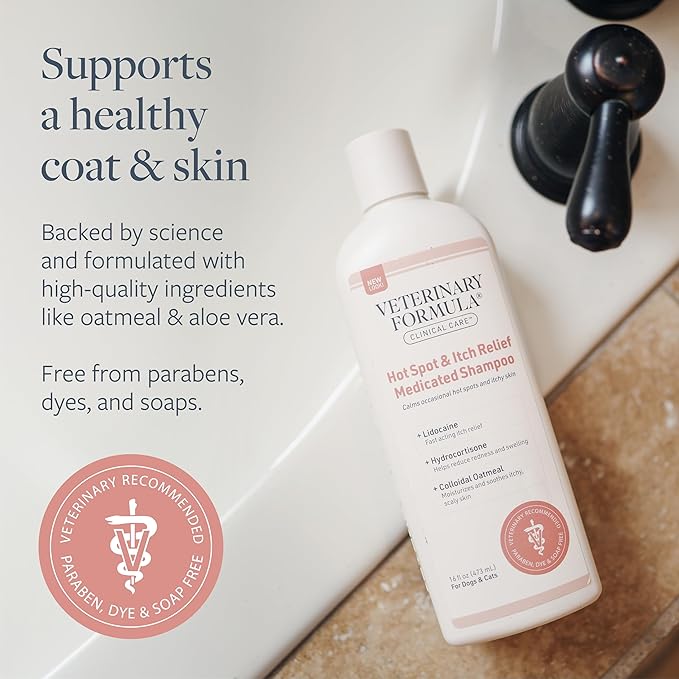 Veterinary Formula Clinical Care Hot Spot & Itch Relief Medicated Shampoo for Dogs and Cats 16oz  Helps Alleviate Sensitive Skin, Scratching, and Licking of Coat