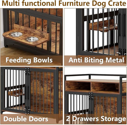41 Inch Large Dog Crate Furniture for Large Dogs, Heavy Duty Kennel with 2 Drawers Storage, 360° Adjustable Raised Feeder, Wooden Dog Cage Indoor House End Table for Dogs