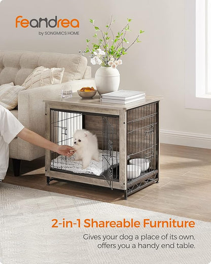 Feandrea Dog Crate Furniture, 27.2" Side End Table, Modern Kennel for Dogs Indoor up to 30 lb, Heavy-Duty Dog Cage with Multi-Purpose Removable Tray, Double-Door Dog House, Greige UPFC001G01