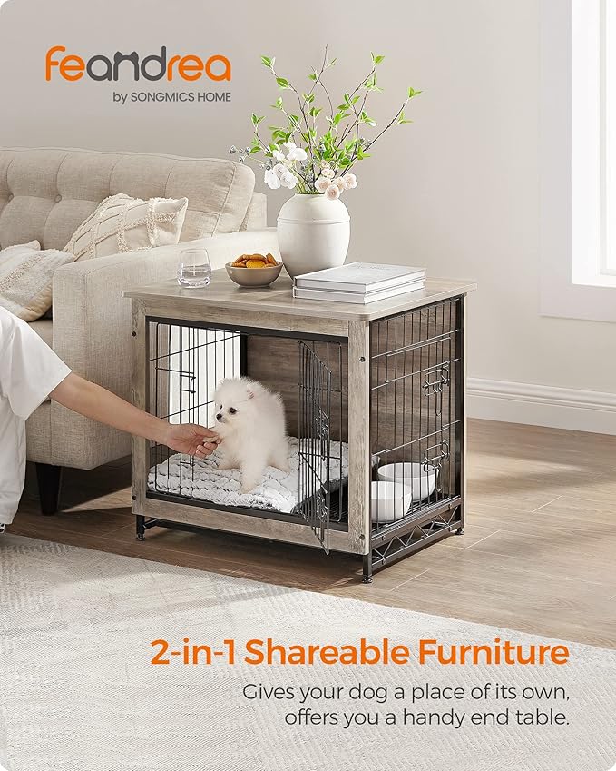 Feandrea Dog Crate Furniture, 27.2" Side End Table, Modern Kennel for Dogs Indoor up to 30 lb, Heavy-Duty Dog Cage with Multi-Purpose Removable Tray, Double-Door Dog House, Greige UPFC001G01