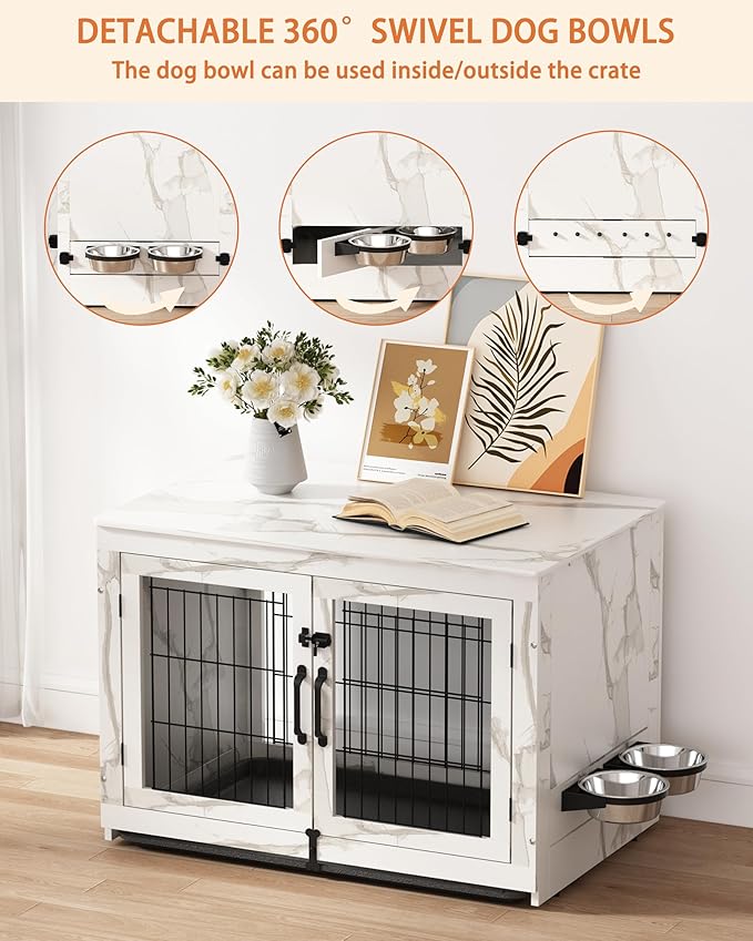 Piskyet Wooden Dog Crate Furniture with 360°Rotatable Removable Dog Bowls, Dog Crate End Table with Tray, Double Doors Dog Kennels for Dogs(M:31.8" L*22.1" W*24.1" H,Marble White)