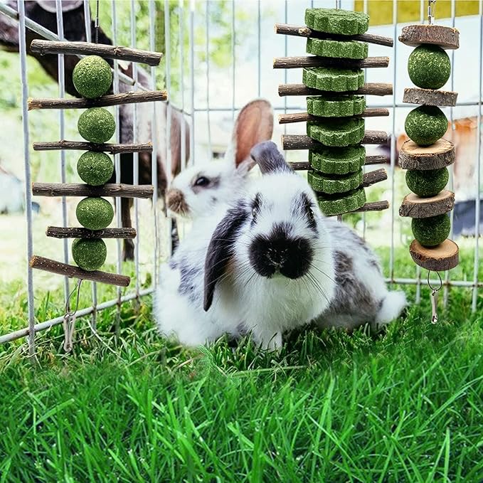 3 Pcs Bunny Teeth Grinding Chew Toys, Apple Branch Chewing Sticks with Grass Ball and Grass Cake for Rabbits Bunnies Hamsters Guinea Pigs