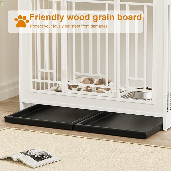 43.3 Inch Wooden Dog Crate Furniture for Large Dogs with Storage Drawers,Heavy Duty Double Door Pet Kennel with Divider,Decorative Dog House for Living Room,Bedroom,White