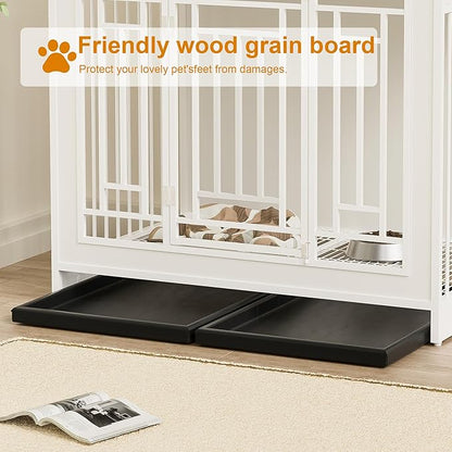 43.3 Inch Wooden Dog Crate Furniture for Large Dogs with Storage Drawers,Heavy Duty Double Door Pet Kennel with Divider,Decorative Dog House for Living Room,Bedroom,White