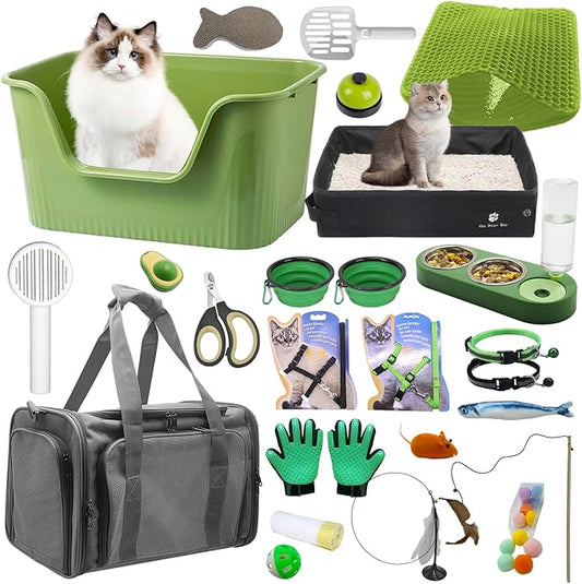 Cat Starter Kit 37pcs Essentials & Suuplies - Included Cat Litter Box, Pet Carrier Bag, Grooming Tools, Catnip Toys and More Stuffs for All Life Stages Pets Indoor Outdoor,Gift