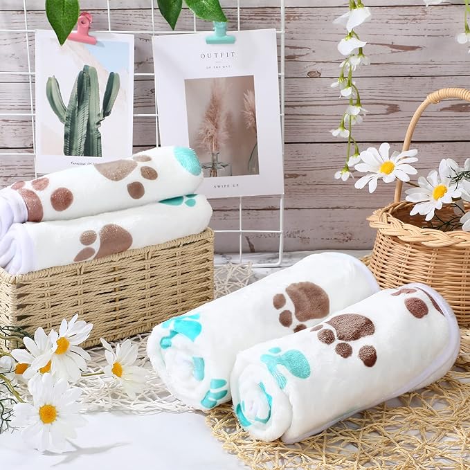 Tatuo 4 Pcs Dog Blanket Pet Puppy Blanket Puppy Teething Toys Paw Print Fleece Blanket for Pet Cat Soft Warm Sleep Mat Guinea Pig Cage Blanket(Small(24 x 16 Inch),Milky White)
