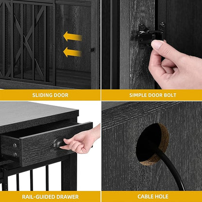 DWVO 63 Inch Double Dog Crate Furniture for 2 Dogs, Heavy Duty Wooden Dog Crate TV Stand with Charging Station, Dog Kennel Indoor Furniture Double Sliding Barn Door Design Ideal for 2 Dogs, Oak