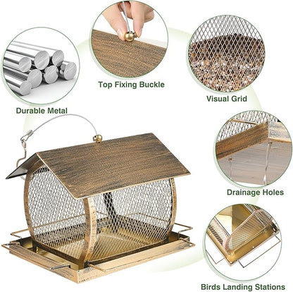 Bird Feeder for Outdoors, Wild Finch Birds Feeders Sparrow Feeder, Metal Birdfeeder Outside Hanging with Lid Fixing Buckle, 2Lbs Capacity
