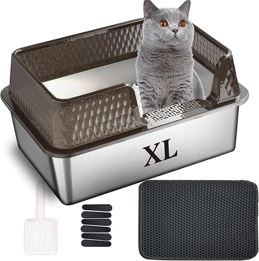 Suhaco Stainless Steel Litter Box Side Entry, Kitty Litter Mat and White Scoop Included Covered Metal High Sided Extra Large Cat Litter Box with Lid Removable Enclosure for Medium Cats (Tall Black)