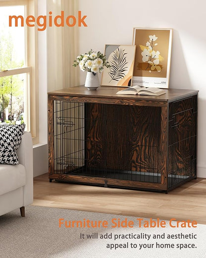 Megidok Wooden Dog Crate Furniture with Cushion, Dog Crate End Table with Tray, Double Doors Dog Crate(*L:43.1" L*28.6" W*30.3" H, Rustic Style)