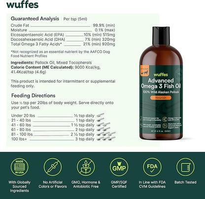Wuffes Advanced Omega 3 Fish Oil for Dogs, Natural EPA & DHA Fatty Acids, Supports Healthy Skin and Coat, Joint Nutrition, Digestion & Immune System - 100% Pure Wild Alaskan Fish Oil, 16 Oz