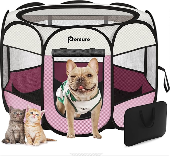 Dog Cat Playpen Indoor Outdoor for Puppy Pet Travel, Dogs Enclosure Tent Crates Cage for Recovery After Surgery, Portable Pop Up Dog Kennel with Carrying Case(Pink, Large)