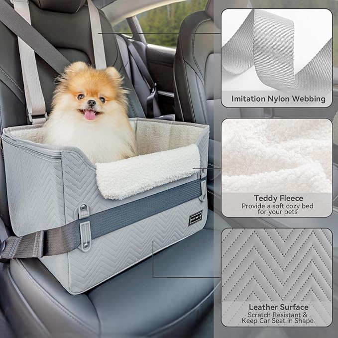 PETSFIT Dog Booster Seat, Portable Dog Car Seats for Small Dogs with Clip-On Leash, Patented Safe Buckles, Dog Booster Car Seat Suitable for Small Pets Up to 25lbs (Light Grey)