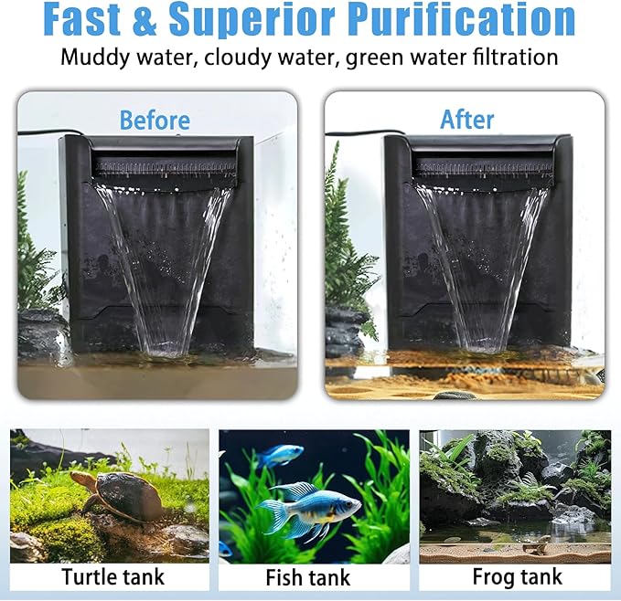 290GPH Turtle Tank Filter for 40-85 Gallon, Turtle Filter Low Water Level Available and Flow Adjustable, Turtle Water Filter for Shrimps Amphibians Turtle Tank Saltwater Freshwater Crystal Clear