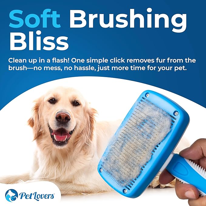 PetLovers EzSlicker Self-Cleaning Brush - Dog Brush for Shedding, Gentle Slicker Brush for Cats, Tangle-Free Grooming Comb with Soft Bristles & Ergonomic Handle for Stress-Free Grooming
