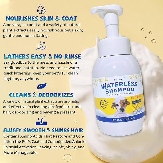 Waterless Dog Shampoo No Rinse Puppy Dry Hypoallergenic Shampoo and Conditioner - Soothing and Deodorizing Quickly Cleans Smelly Dogs and Cats (11.84 fl oz/350ml)