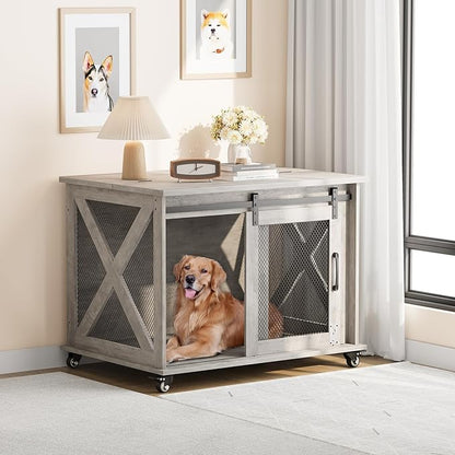 Dog Crate Furniture with Sliding Barn Door,Flip Top Furniture Style Dog Crate End Table with Wheels,Indoor Dog Kennel Furniture with Removable Divider,Dog House,Grey