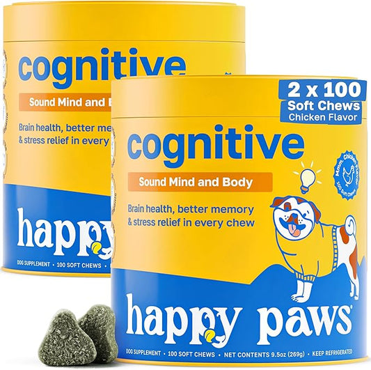 Happy Paws Cognitive Supplement for Dogs, Soft Chews with Taurine, Spirulina, CoQ10 & Vitamins B1, B3, B12, Supports Natural Cognitive Function, Memory and Focus, for Small to Large Dogs, 200 Count
