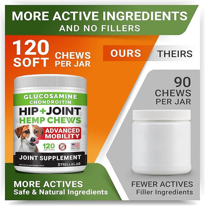 Large Breed Hemp + Glucosamine Dog Joint Supplement - Hemp Chews for Dogs Hip Joint Pain Relief - Omega 3, Chondroitin, MSM - Advanced Mobility Hemp Oil Treats for Large Dogs - Made in USA - 240 Ct
