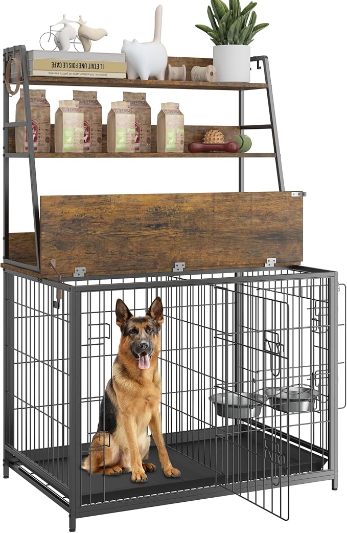 IDEALHOUSE Dog Crate Furniture,Flip-up Top Pet Crate Furniture,Indoor End Table Dog Cage with 3-Layer Storage Shelves,Dog Crates for Medium Dogs,Dog Kennel Furniture with Adjustable Bowls,Brown