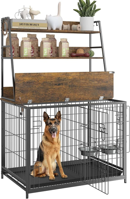 IDEALHOUSE Dog Crate Furniture,Flip-up Top Pet Crate Furniture,Indoor End Table Dog Cage with 3-Layer Storage Shelves,Dog Crates for Medium Dogs,Dog Kennel Furniture with Adjustable Bowls,Brown