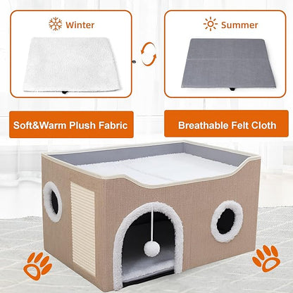 Cat Houses for Indoor Cats - Large Cat Bed Cave with Scratch Pad and Fluffy Ball, Foldable Cat Condo Hideaway with Reversible Cushion for Multi Small Pet, Khaki