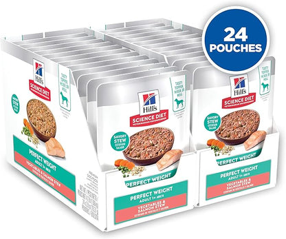 Hill's Science Diet Perfect Weight, Adult 1-6, Weight Management Support, Wet Dog Food, Salmon & Vegetables Stew, 2.8 oz Pouch, Case of 24