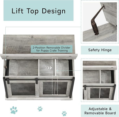 GAOMON Dog Crate Furniture with Slidings Doorsï¼_ooden Dog Kennel End Table with Flip-top Plate for Dogsï¼_ndoor Dog Crate Furniture with Detachable Divider for Medium Dogs, Dog House,Grey