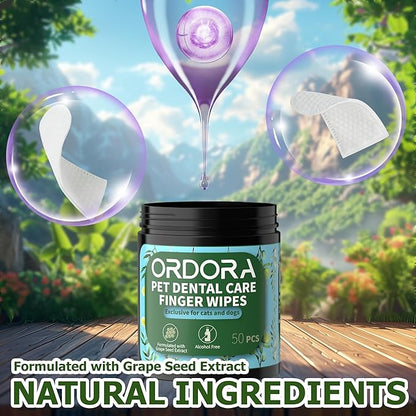 ORDORA PET Teeth Cleaning Wipes for Dogs & Cats, Dog Teeth Cleaning Finger Wipes - Dog Tooth Brushing Kit Dental Wipes - Reduces Plaque & Freshens Breath (50 Pcs)