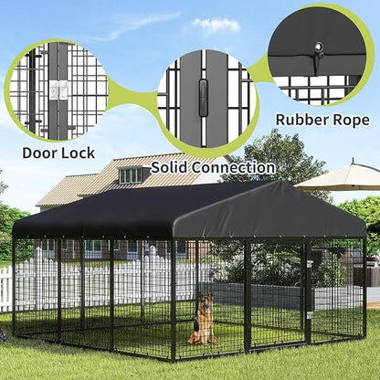 10x10x6 FT Outdoor Dog Kennel Steel Ideal Dog Fence for Medium/Small Dogs Anti-Rust Coating Cage with Roof All Weather Resistant Dog House with Double Locks (118" W x 118" D x 72.5" H)