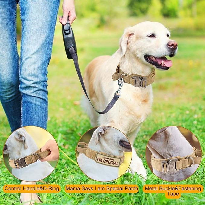 KCUCOP Tactical Dog Collar with Handle,Adjustable Military Dog Collar with Metal Buckle and Patches,Heavy Duty Dog Collars for Medium Dogs (Brown-M)